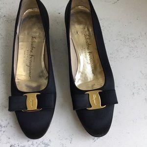 Salvatore Ferragamo Black Silk Bow Low Heel Pumps